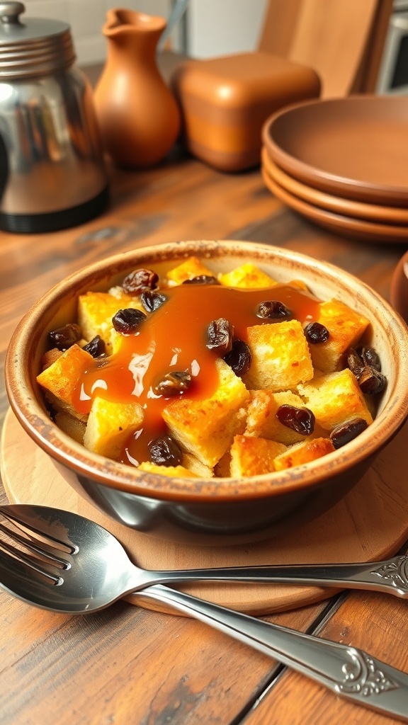 Classic Bread Pudding with Evaporated Milk A slice of golden-brown bread pudding with raisins, drizzled with caramel sauce, on a rustic wooden table.